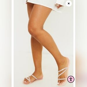 Pretty Little Things Pink Diamante Trim Asymmetric Strap Jelly Sandals Size 8